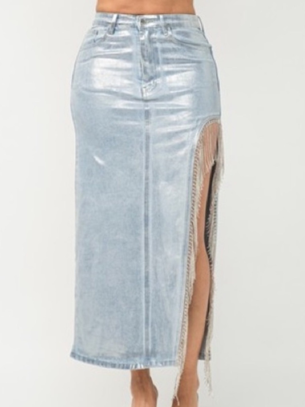 Fringe-Trim Light Blue Denim Maxi Skirt please read the description